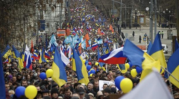 50,000 marched in Moscow last month to protest Russia's invasion of Crimea.
