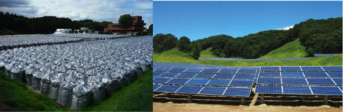 Abandoned golf courses have been put to different uses in Fukushima prefecture. ON the left, thousands of bags of radioactive waste fill one course; on the right, a golf course has become a solar energy farm.