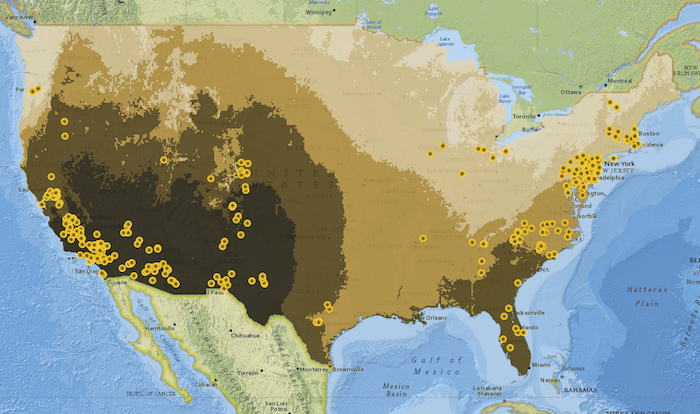 Solar power plants in U.S. compared to solar potential. Source: EIA