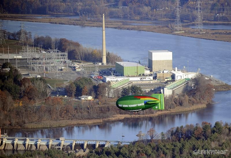 A Greenpeace blimp flies above Vermont Yankee.