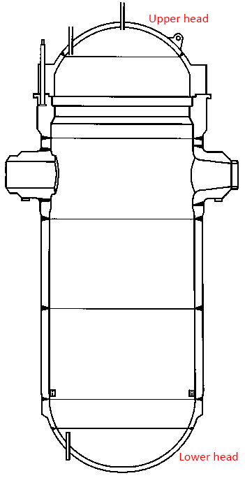 Diagram of the EPR reactor pressure vessel showing the upper and lower heads where "anomalies" have been found.