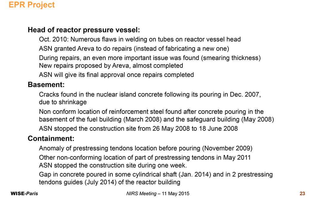 First page of a brief compendium of the problems that have occurred during construction to date of France's Flamanville-3 reactor.