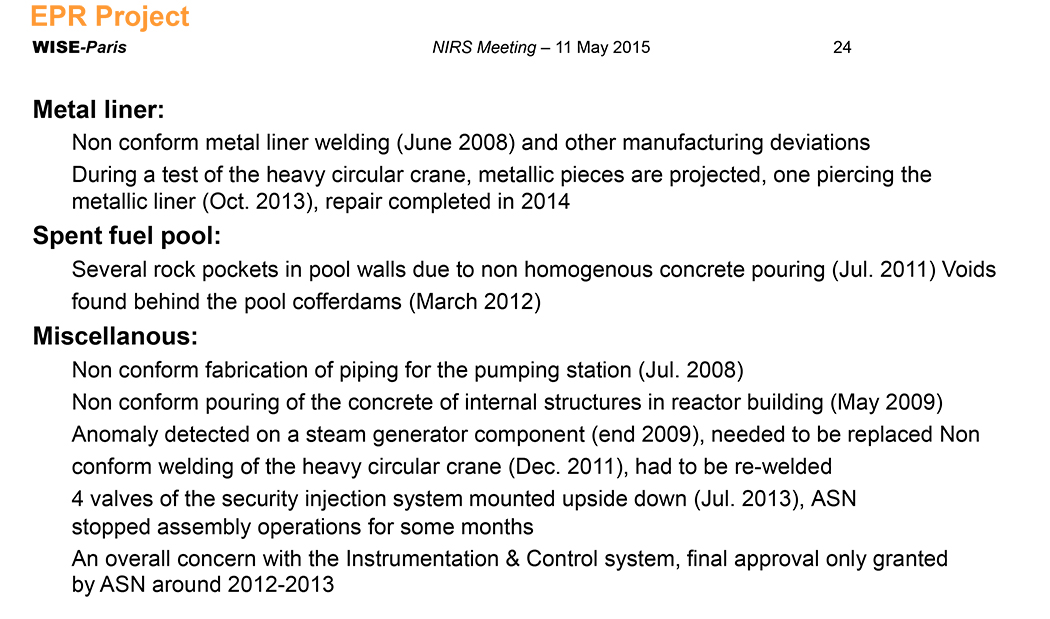 Second page of a brief compendium of the problems that have occurred during construction to date of France's Flamanville-3 reactor. Click to expand.