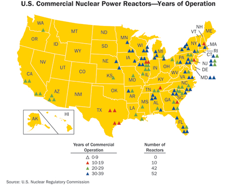 A map of the aging fleet of U.S. nuclear reactors