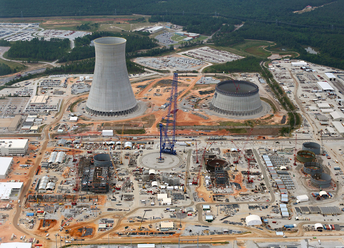 Vogtle Units 3 (left) and 4, July 30, 2015. After 41 months of construction, the project is 39 months behind schedule. Photo by High Flyer, special to Savannah River Site Watch.