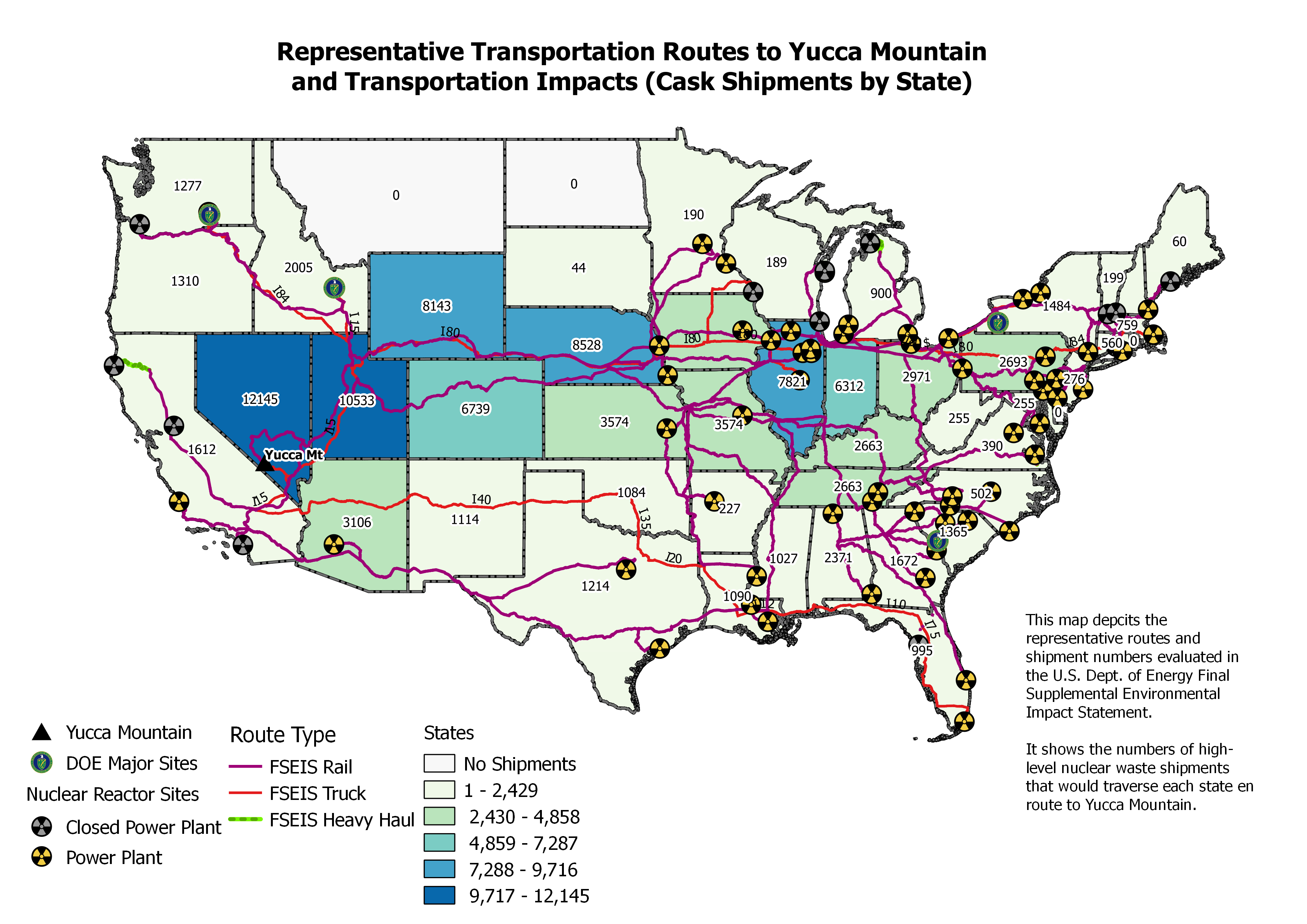 Likely transport routes and amounts of radwaste that would be sent to Yucca Mountain, Nevada, if that proposal should be resurrected.