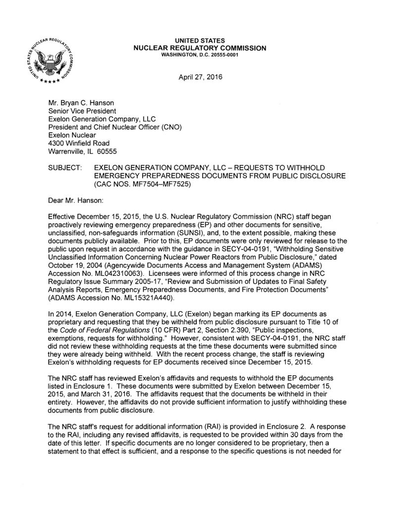 Cover sheet of NRC letter to Exelon raising questions about the company's efforts to reclassify public documents on emergency planning.