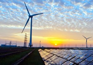 Wind turbine and solar panels.